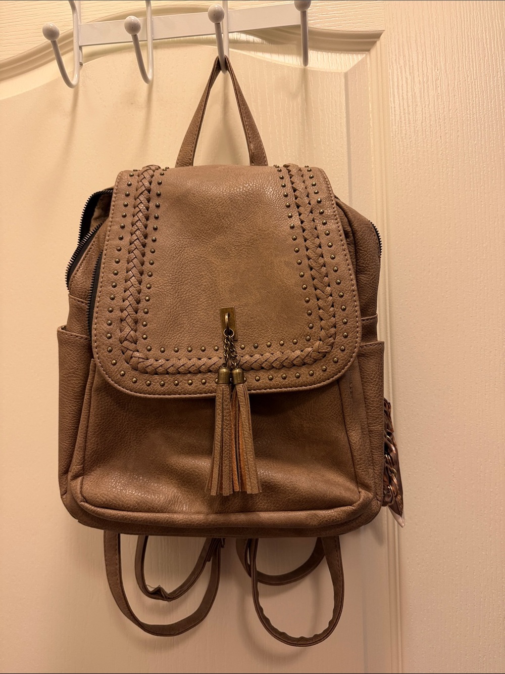 Taupe Faux Leather Studded Backpack with Tassel
